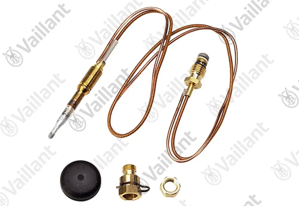 Vaillant Thermoelement mit Kupferleitungen, einer Metallspitze und Befestigungselementen, in neutraler Umgebung abgebildet.